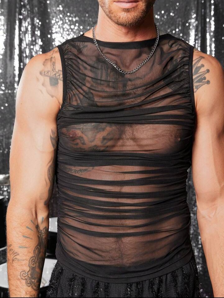 Man's Mesh Top For Men Ruched Design Tight Fit